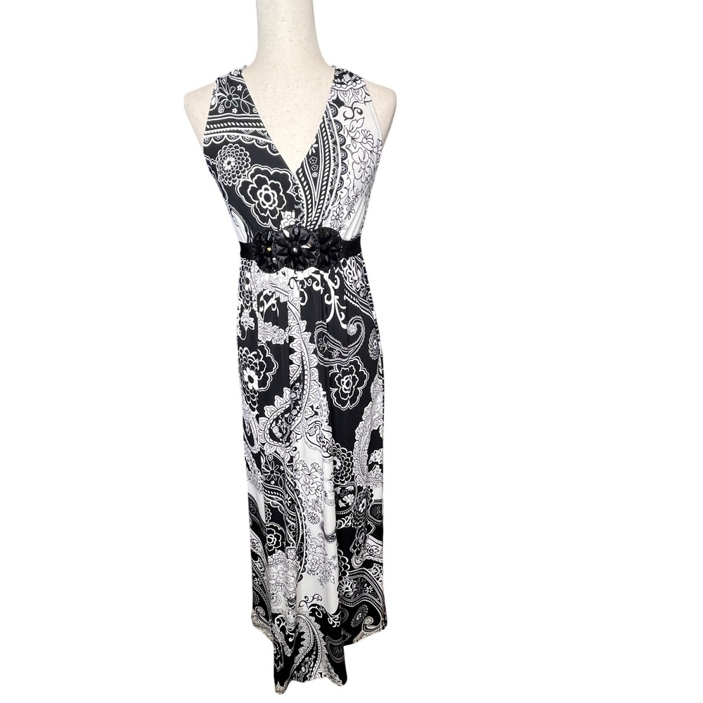 ICE Maxi Dress Womens 10 Black White Paisley V-Neck Beaded Waist Y2K Whimsigoth